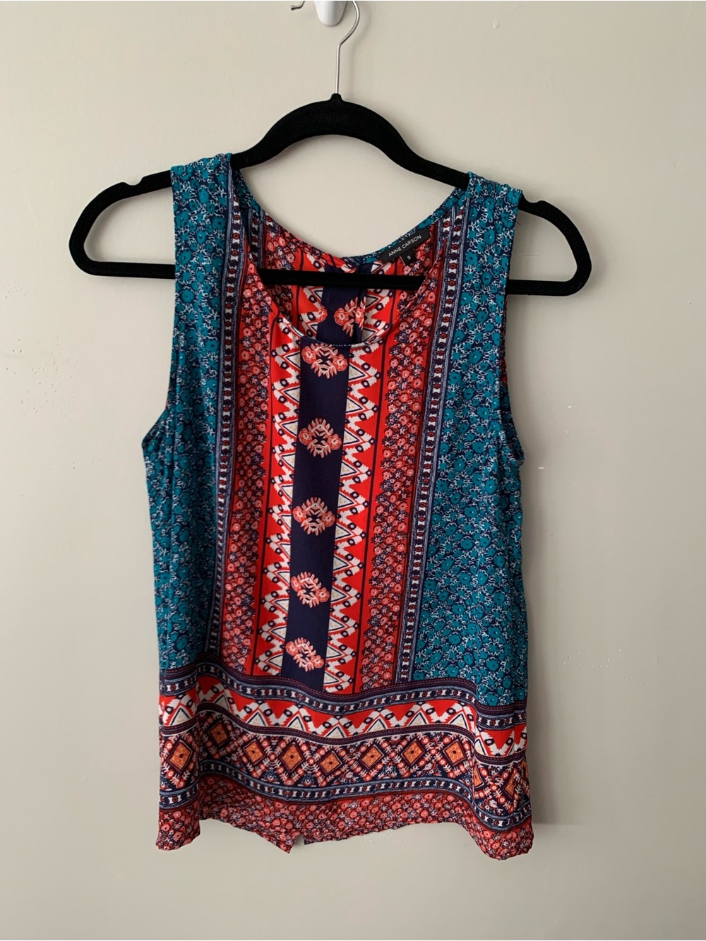 Anne Carson Teal, Coral & Navy Patterned Sleeveless Tank Top